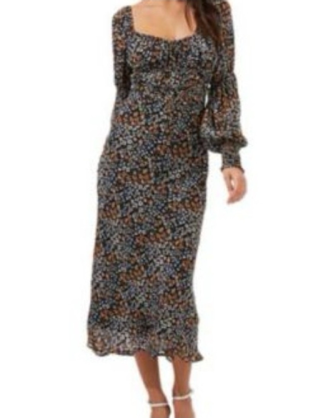 NWOT Astr The Label's Floral Sweetheart-Neck Long Sleeve Midi Dress in Black, XS